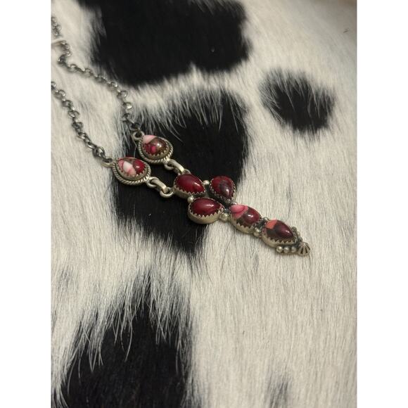 Native American Sterling Silver Multistone Red Rose Dahlia Lariat Necklace 18” - Picture 11 of 11